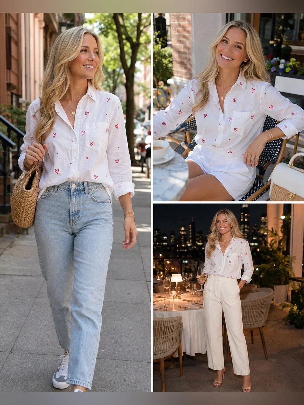 J. Crew Embroidered White Heart-Print Button-Up Shirt - Casual Women’s Top